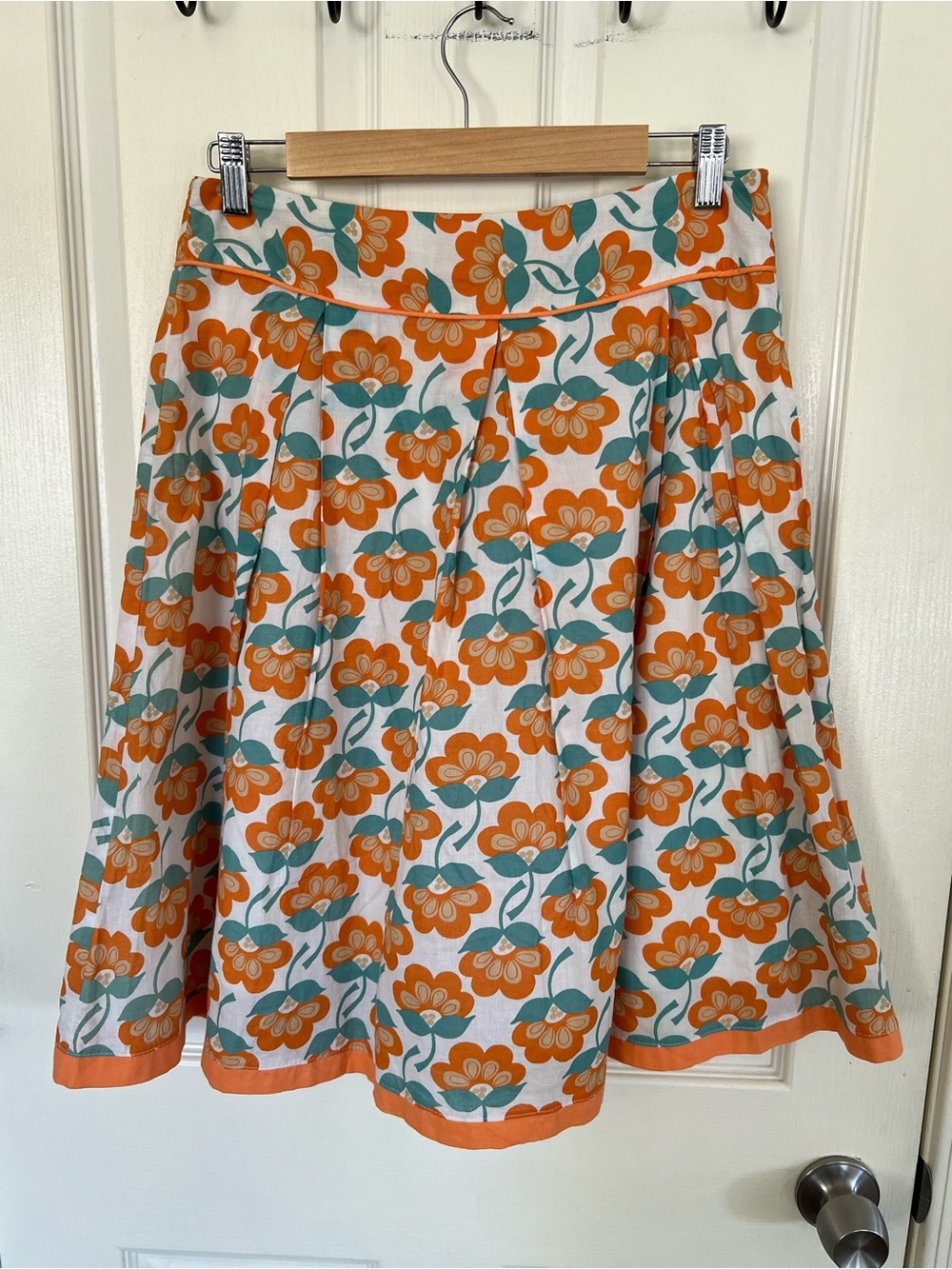 IXIA Orange Teal Retro Floral Pleated Full Midi Skirt Large